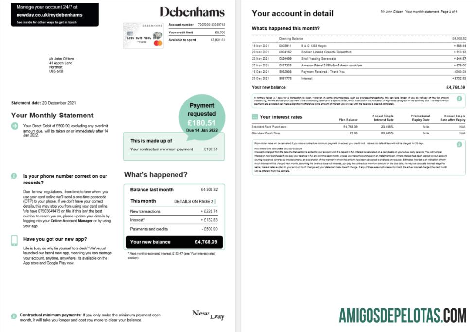 Extrato mensal do cartão Debenhams do Reino Unido para download, modelo Word e PDF, 4 páginas 1 2
